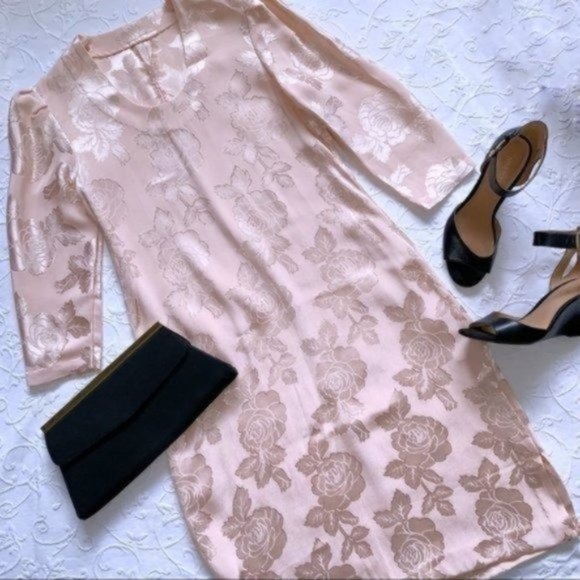 Handmade Vintage Ballet Pink Floral Satin Rose Print Shift Dress XXS/XS - Picture 1 of 8